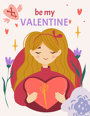 A smiling girl with long hair holds a heart-shaped gift, surrounded by flowers and romantic elements. The text Be My Valentine is written above. Cute and festive concept. Vector illustration