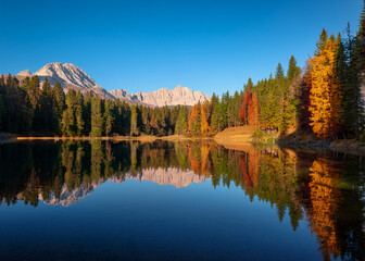 A serene landscape of a mountain lake surrounded by pine forests, with clear blue skies, soft reflections, and autumn colors.