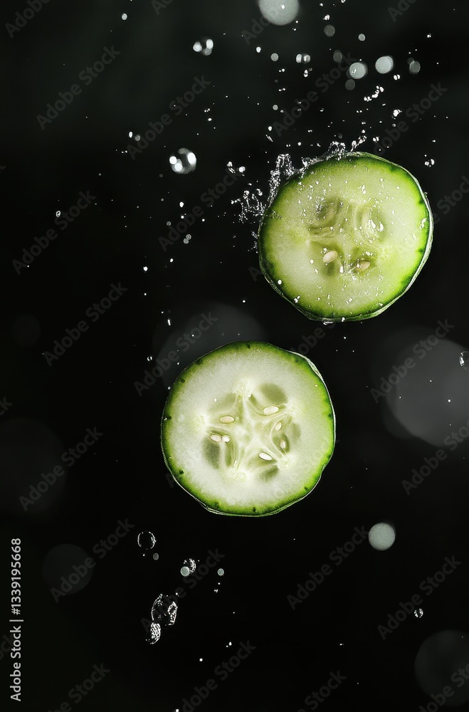 Poster fresh cucumber slices splashing in water with droplets and bubbles on a dark background highlighting