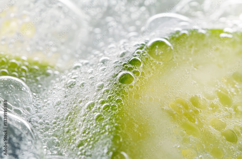 Poster fresh cucumber slices surrounded by sparkling water with bubbles, macro photography displaying aquat
