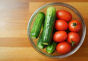 Fresh Cucumbers and Cherry Tomatoes in a Clear Glass Bowl on a Wooden Table, Healthy Ingredients for Cooking, Nutrition and Culinary Arts