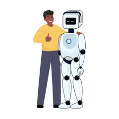 Depiction of a humanoid robot and an black man showing approval gestures, representing teamwork with advanced technology