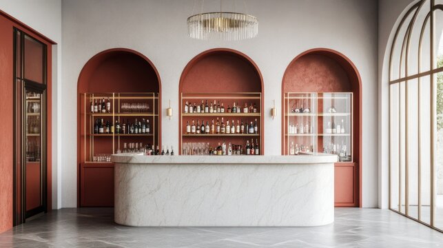 Modern bar interior with alcoves, showcasing elegant design.  Possible use stock photo for architecture, interior design, hospitality
