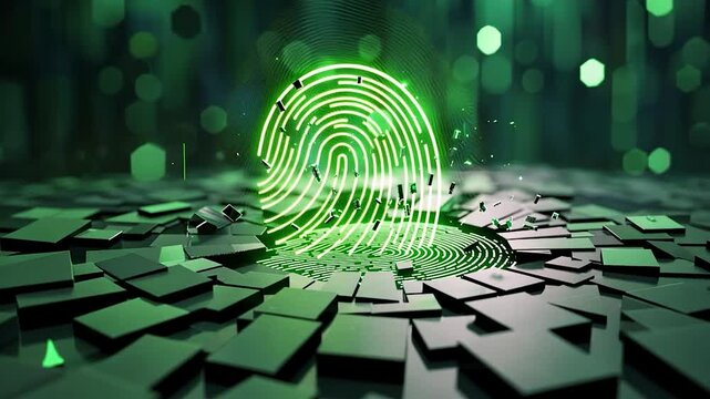 Green fingerprint on a digital surface surrounded by hexagonal shapes in a tech-inspired environment
