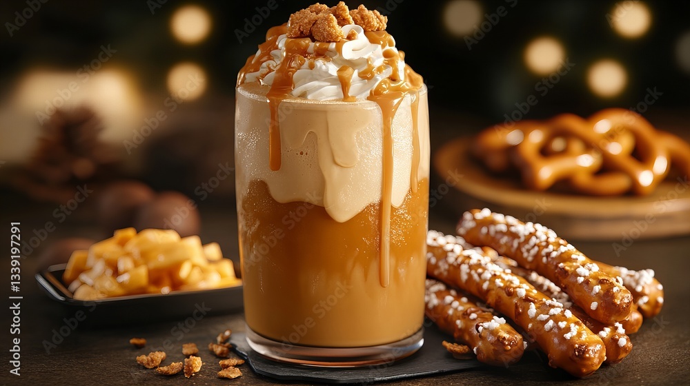 Poster peanut butter stout float sits on a slate coaster with pretzel sticks and a bowl of toppings, creati