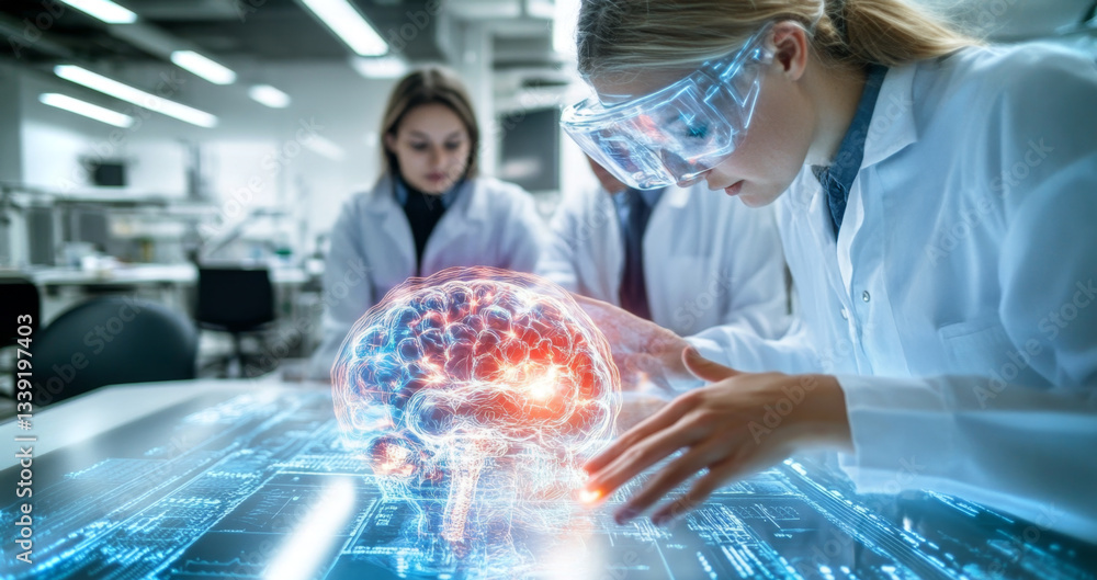 Aufkleber Group of interns dressed in lab coats work together on advanced medical technology. They focus intently on a digital brain model, exploring its potential applications in medicine.