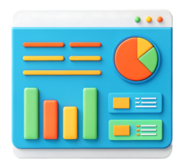 Colorful 3D data dashboard icon. Business analytics, statistics, and financial report concept.