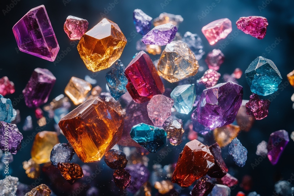 Poster variety of colorful gemstones floating on a dark background, creating a dazzling display of light an