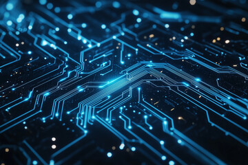 Obraz premium vibrant circuit network design featuring glowing blue lines and intricate patterns, representing modern technology and digital connections