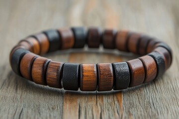 Wooden bracelet with intricate carvings resting on a rustic wooden surface, showcasing craftsmanship and design