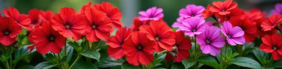 Vibrant red geraniums and purple surfinia in annual planter , garden,  horticulture, arrangement