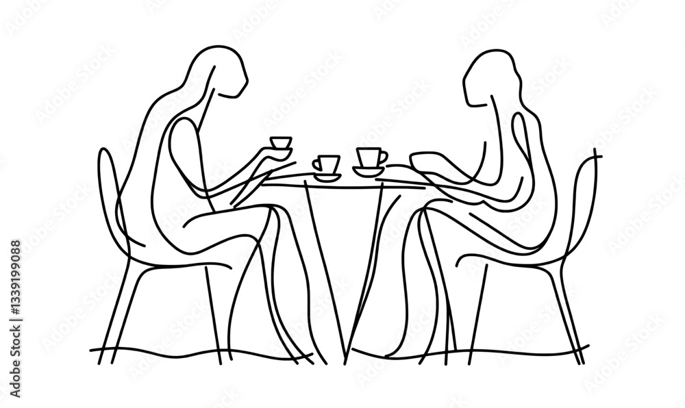 Poster a continuous one-line drawing depicts a woman and man in conversation, set against a white backgroun
