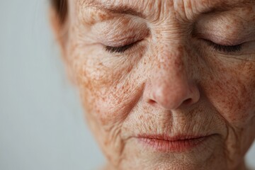 Close-up of an elderly woman's face revealing age spots, wrinkles, and the effects of aging