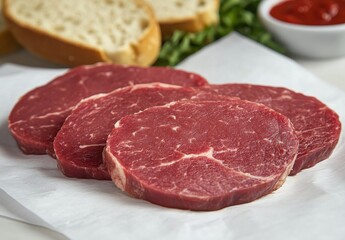 Fototapeta premium Fresh Cuts of Raw Beef Steak Ready for Grilling with Fresh Buns, Herbs, and Tomato Sauce in the Background on a Wooden Table