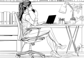 A modern illustration featuring the continuous one-line silhouette of a businesswoman at work is presented in abstract black sketch form, incorporating a laptop for a minimalist design aesthetic