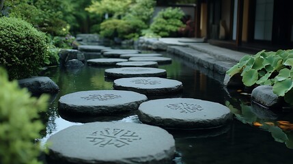 Round stone stepping stones lead through a garden water feature
