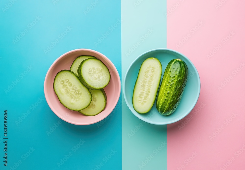 Poster fresh green cucumber and sliced cucumber in bowls on colorful background with blue and pink split de