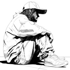 Modern line art drawing featuring an abstract male silhouette in a sitting pose, accompanied by a minimalist contour portrait of a man