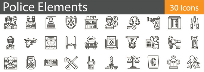 Police Elements Line Icons Set. Collection of 30 outline icons representing police equipment, symbols, and law enforcement activities. Editable stroke vector illustration.