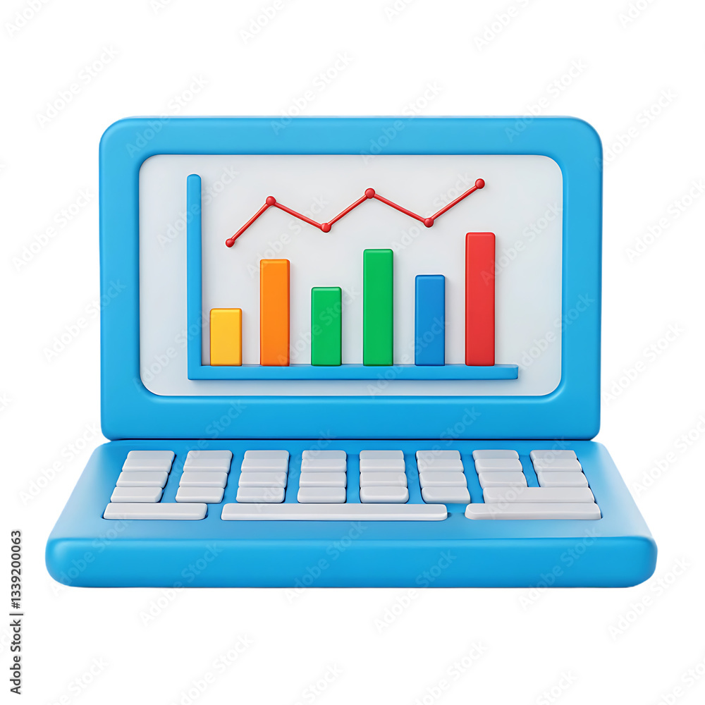 Poster laptop screen displaying colorful bar and line graph.