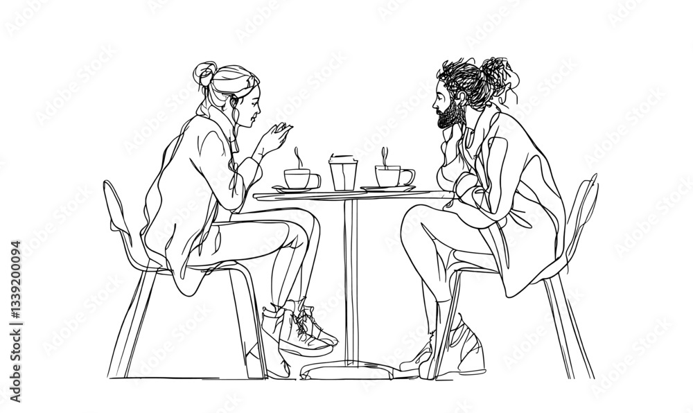 Poster a minimalist drawing featuring two women conversing, rendered in trendy line art with a continuous, 