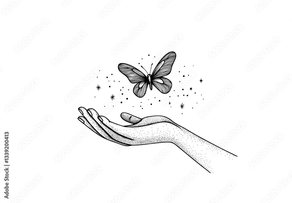 Poster modern design concept featuring a continuous one-line drawing of a hand with a butterfly, presented 