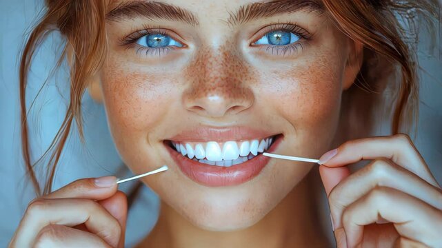A young woman flossing her teeth with a pink floss stick, smiling widely