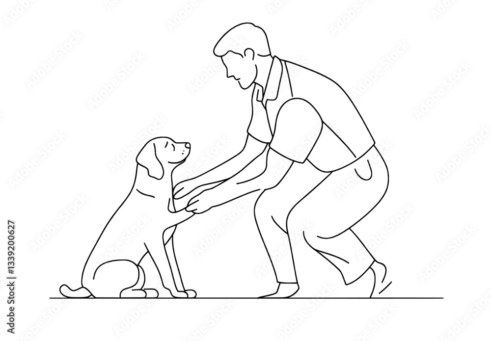 Poster man with dog continuous one line drawing is a minimalist illustration featuring a puppy sitting, pre