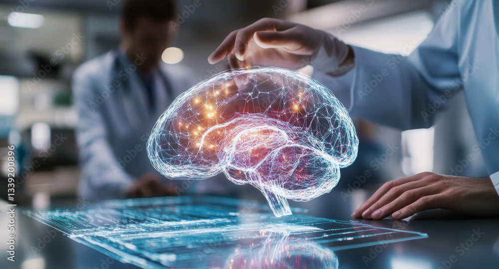 Poster Interns in medical training engage with cutting-edge technology, analyzing a holographic brain model. They discuss its applications in medicine and neuroscience in a modern lab setting.