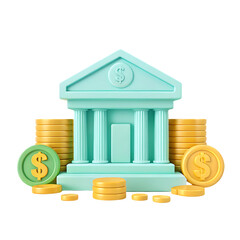 3D bank building with stacks of gold coins.
