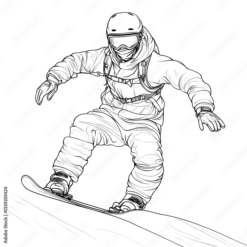 Poster a minimalist illustration of a snowboarder is depicted in a single line drawing with abstract and li