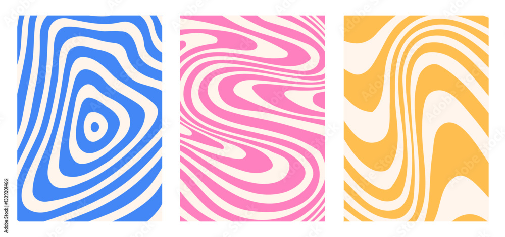 Poster groovy wavy abstract background set. retro poster with colorful waves. trendy vector illustration in