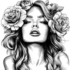 Fototapeta premium Modern minimalist simple linear style drawing featuring a woman's silhouette with flowers and leaves in a beautiful fashion design template