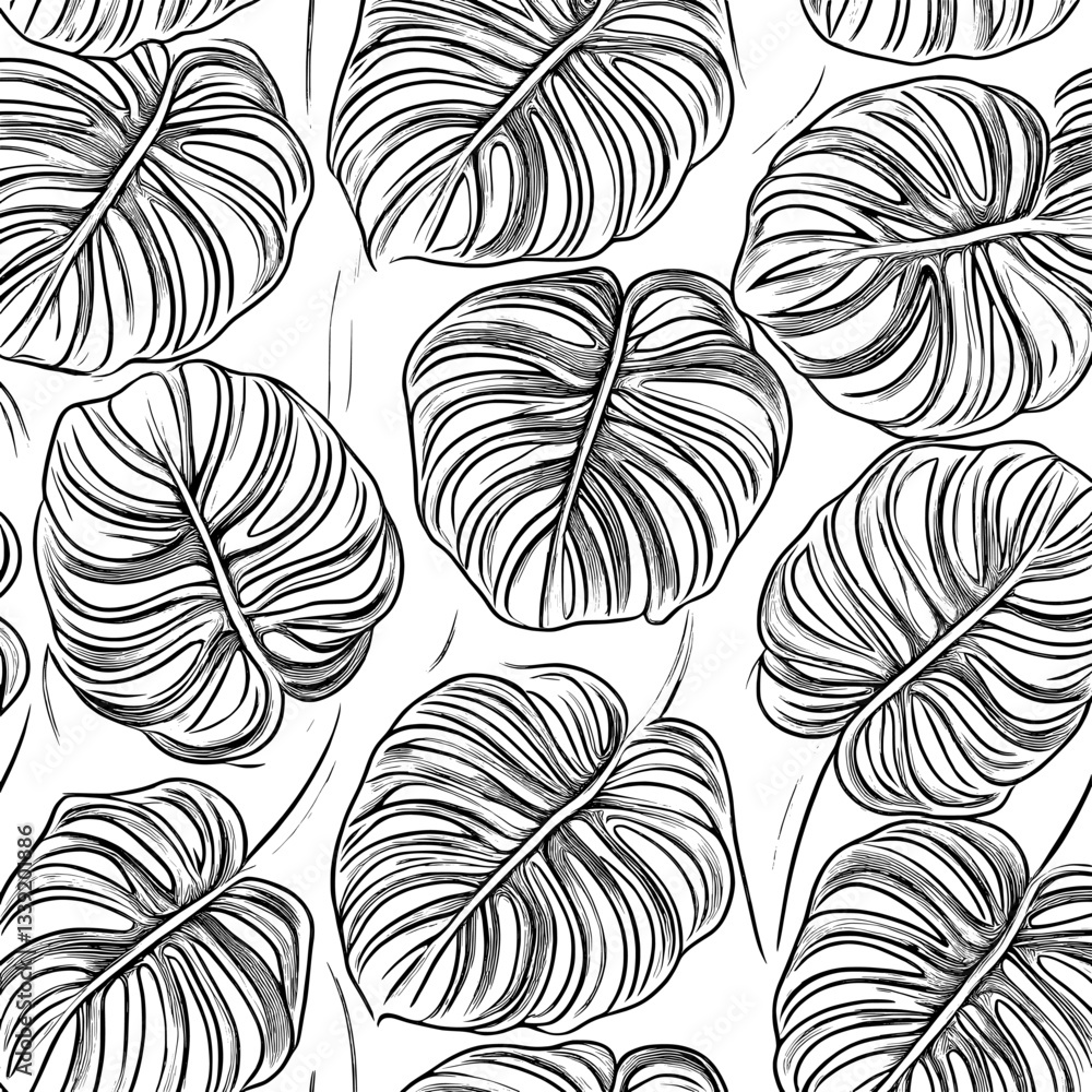 Poster a seamless pattern featuring tropical leaves in a black line sketch on a white background is availab