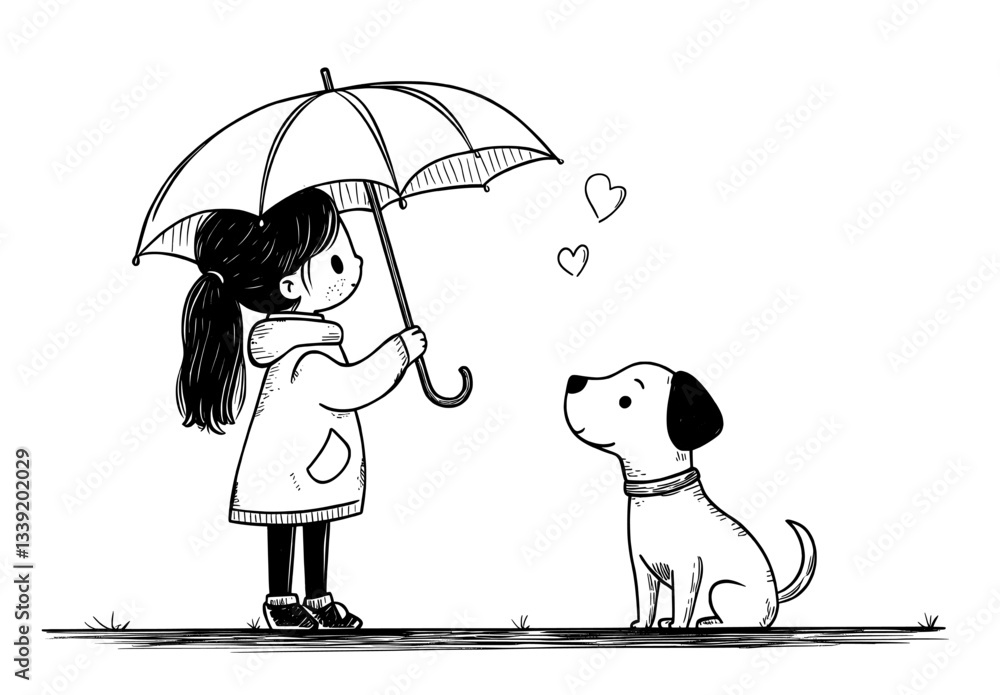 Poster a minimalist illustration of a girl and dog created in a single continuous line is available as a mo