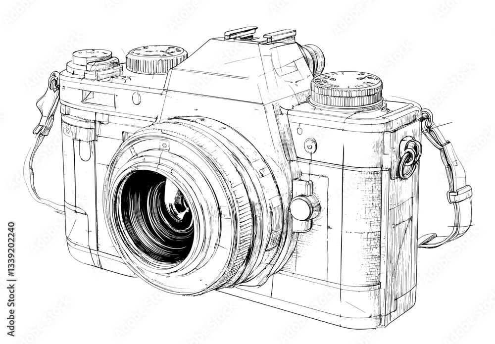 Poster the concept of a camera is represented through a continuous, single-line drawing, set against a retr