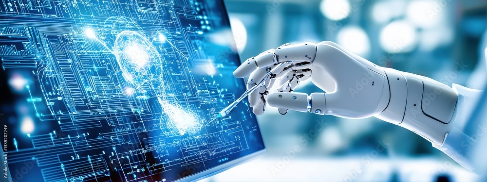 Poster robotic hand interacting with futuristic data visualization screen
