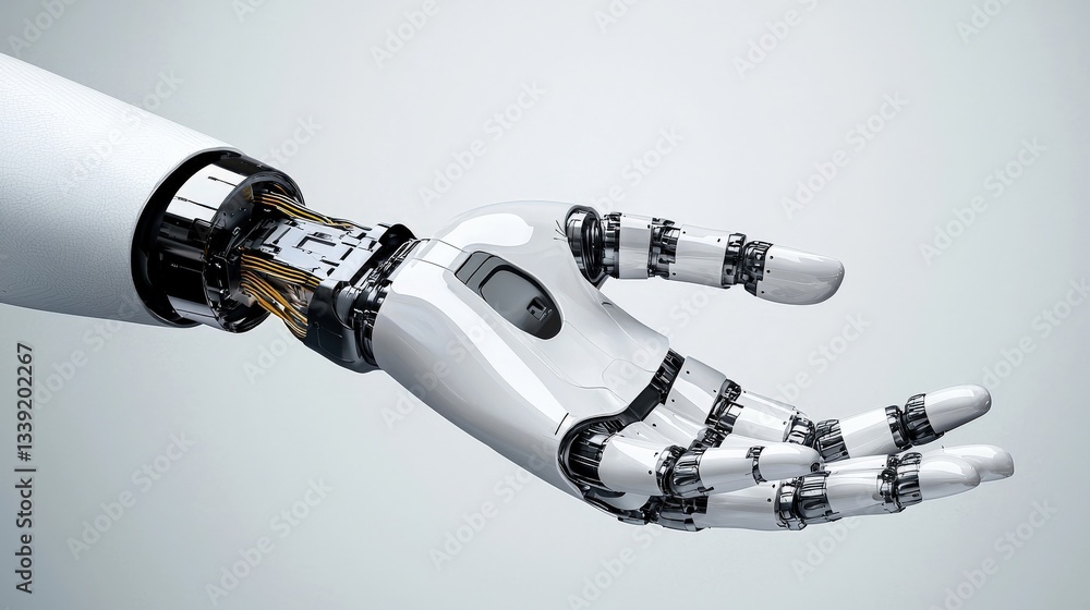 Poster robotic arm with internal mechanisms on gray background