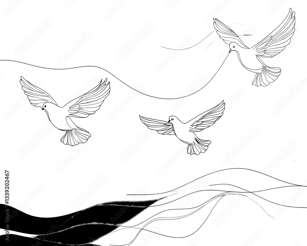 Poster a minimalist illustration of pigeons in a continuous line drawing style is available for modern desi