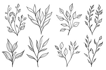 Naklejka premium A contemporary collection of hand-drawn line art featuring botanical elements, leaves, and flowers, ideal for minimalist designs used in wall art, prints, social media, posters, invitations, and