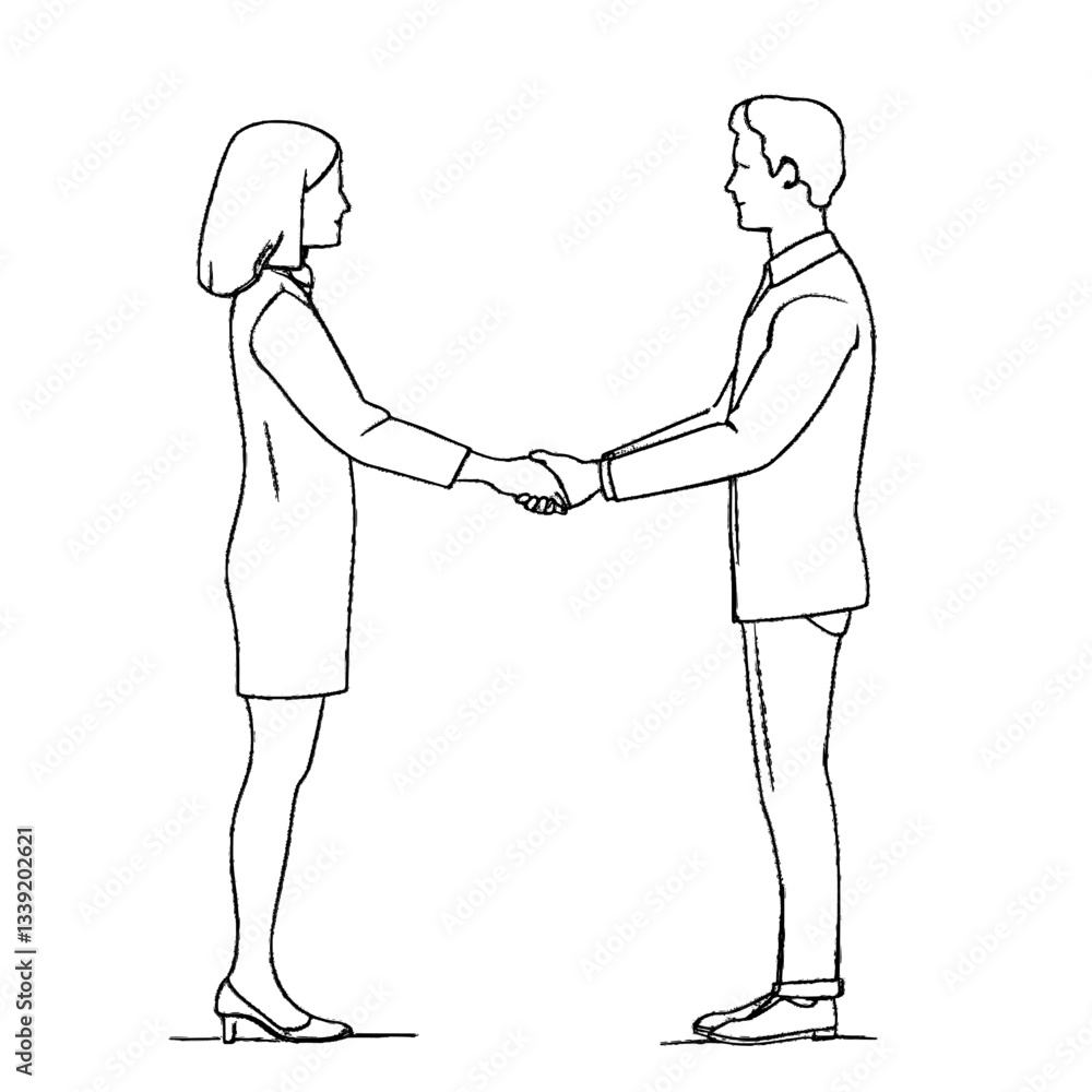 Poster a continuous line drawing of a handshake in black sketch is isolated on a white background for busin