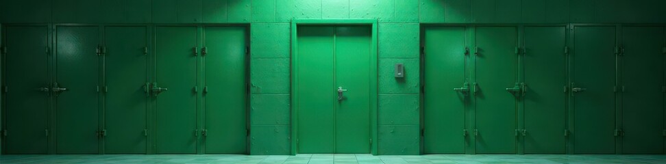 Heavy green prison cell door stands out amongst a row of identical steel doors ,  green,  interior,  isolation