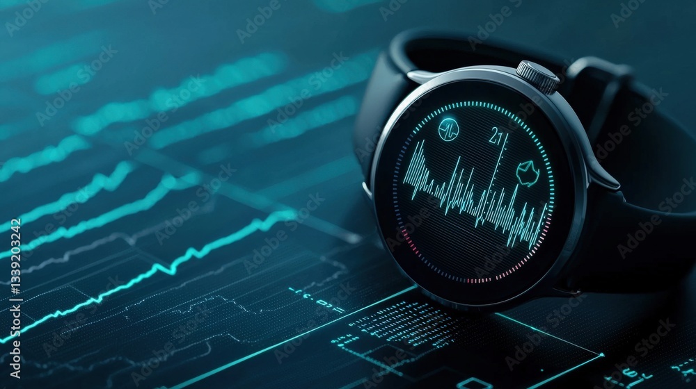 Poster smartwatch displaying data over graphs and digital interfaces