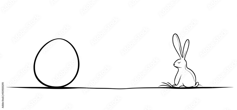 Poster a cute easter rabbit and egg are depicted in a continuous one-line drawing, suitable for spring desi