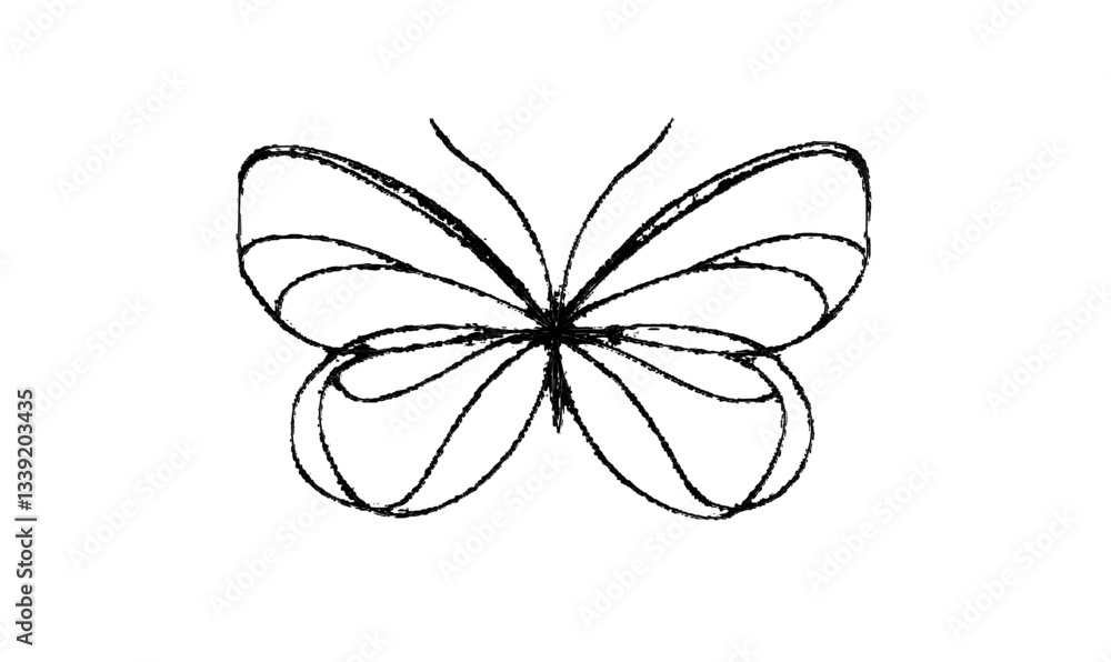 Poster a modern linear illustration of a butterfly in flight, created using continuous line art, is perfect