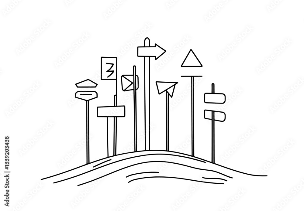 Poster continuous line drawing illustrating road direction, featuring black arrows and lines isolated on a 
