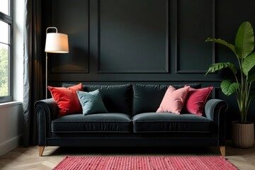Luxurious black couch, colorful pillow accents , decor, seating, minimalist