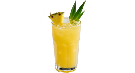 A refreshing pineapple cocktail with ice cubes and pineapple garnish on a black background shot in studio