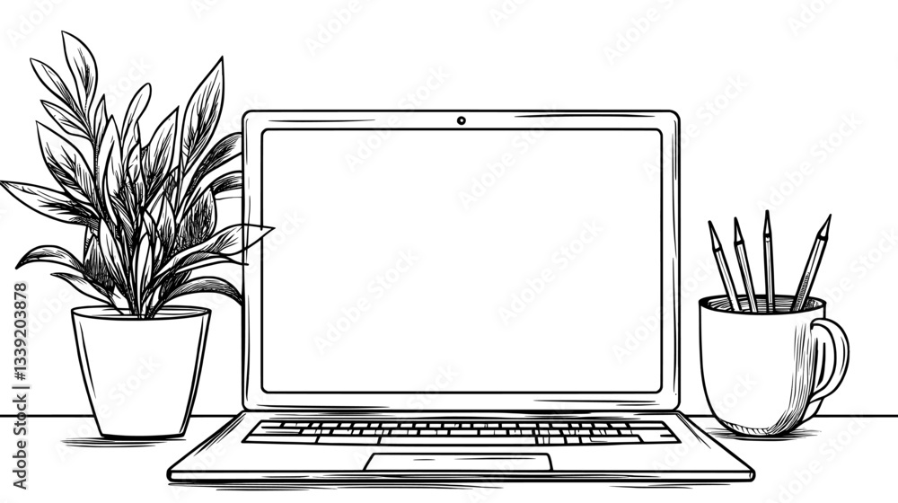 Poster a minimalist laptop sketch in black is continuously drawn in a single line and isolated on a white b