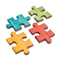 Fototapeta premium A set of colorful wooden puzzle pieces scattered on a white surface., isolated on a transparent background